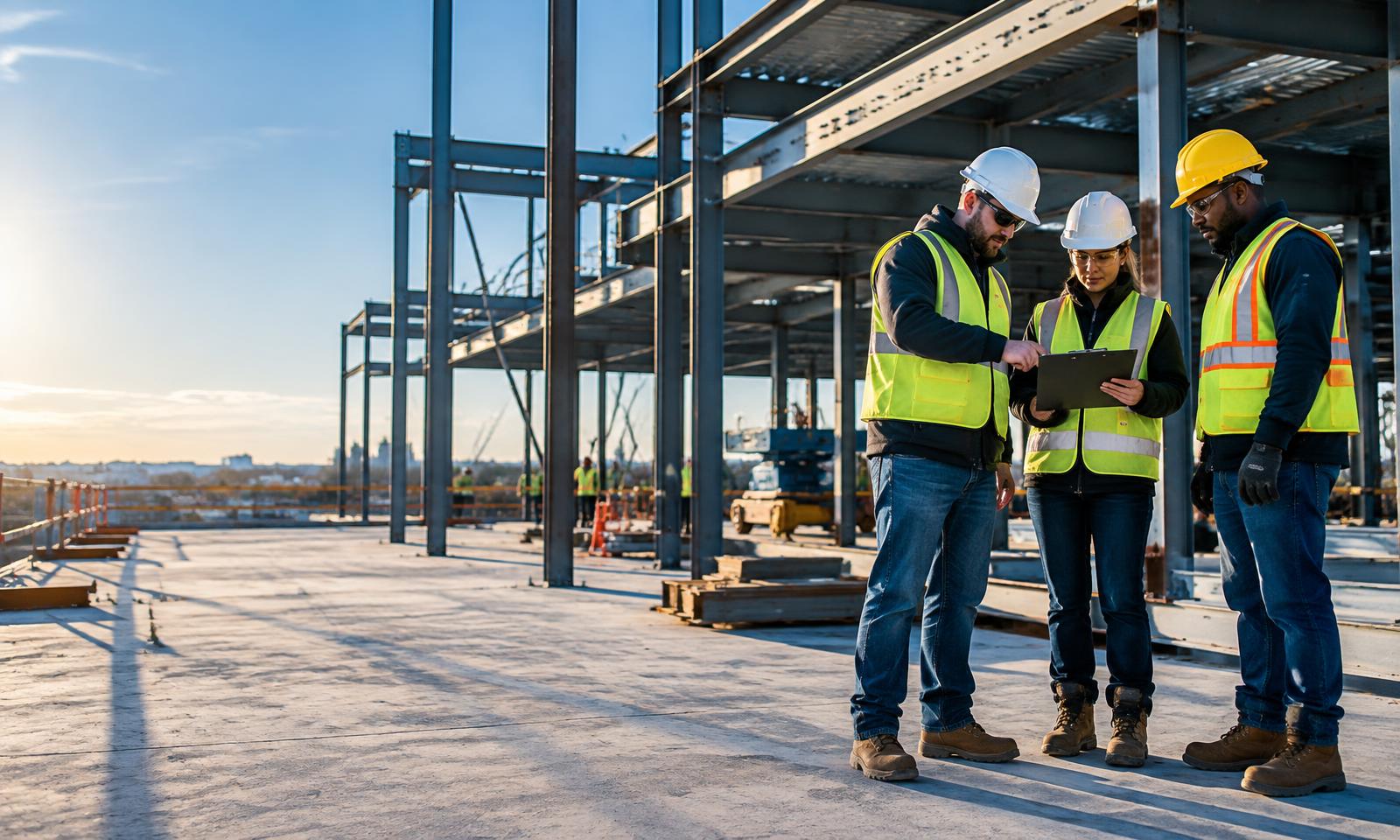 Construction team reviewing safety work at an active building site